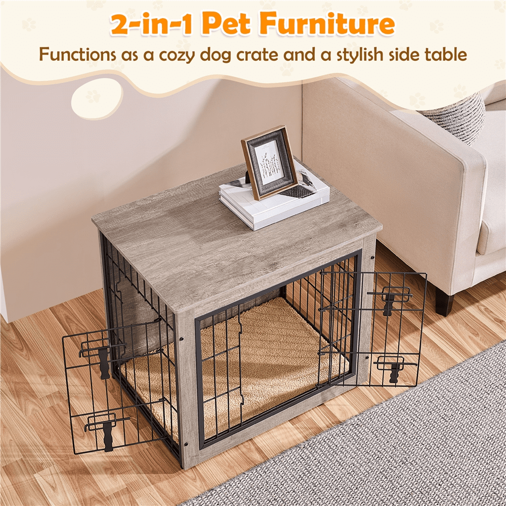 Yaheetech 27.5"W Dog Crate Furniture with Anti Skid Plush Mat, Gray
