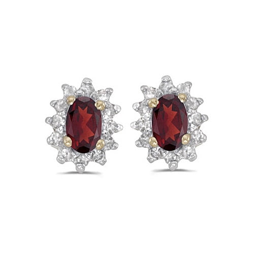14k Yellow Gold Oval Garnet And Diamond Earrings
