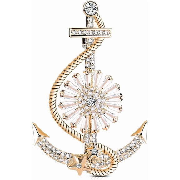 Soleilie Anchor Nautical Brooch Pin Anchor Rope Brooch Gold Shiny Cubic Zirconia Pins & Pendants Scarf Holders for Women Men