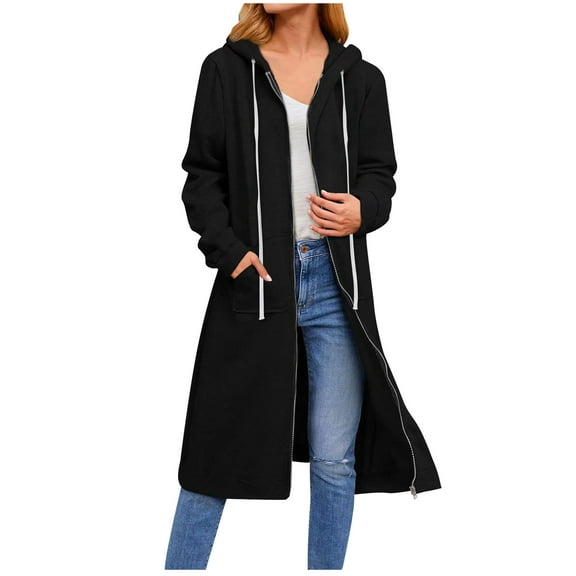 XFLWAM Women's Casual Zip up Fleece Hoodies Long Tunic Sweatshirts Jackets Fashion Plus Size Sweatshirt Coat with Pockets Black XL