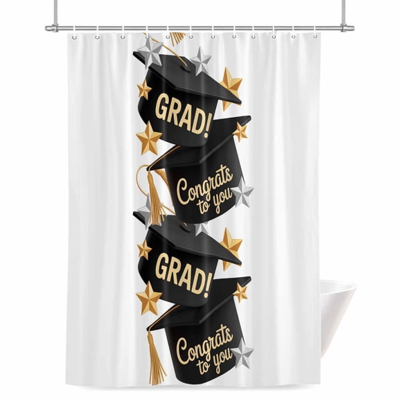Congrats to You Shower Curtain, GRAD Graduation Hat Three-Dimensional Stars Waterproof Shower Curtain Set with 12 Hooks Lightweight Bath Curtains Fabric Bathroom Decor 72x78 Inches