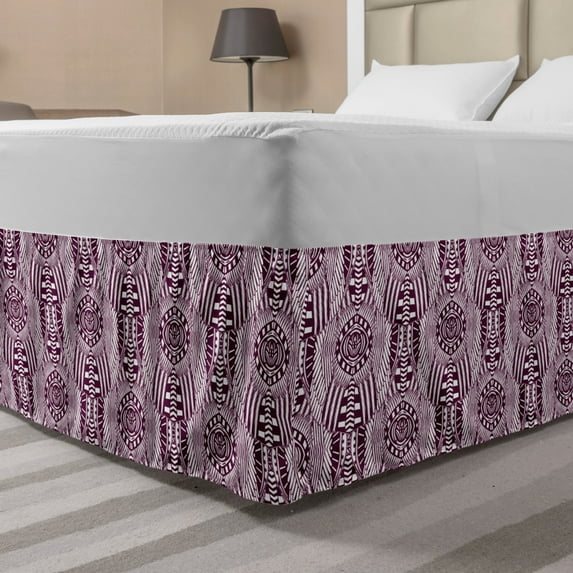 Ethnic Bed Skirt, Tribal Abstract Monochrome Feathers Ornaments in Geometrical Folkloric Style, Elastic Bedskirt Dust Ruffle Wrap Around for Bedding Decor, 4 Sizes, Plum and White, by Ambesonne