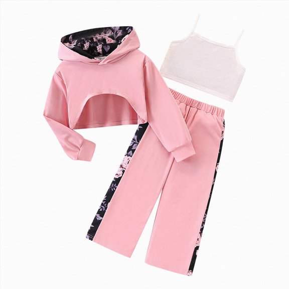 Gerichy Girls 3 Piece Outfits Solid Color Hoodie Sweatshirt and Cute Wide Leg Pants Vest Clothing Set 3T-8T