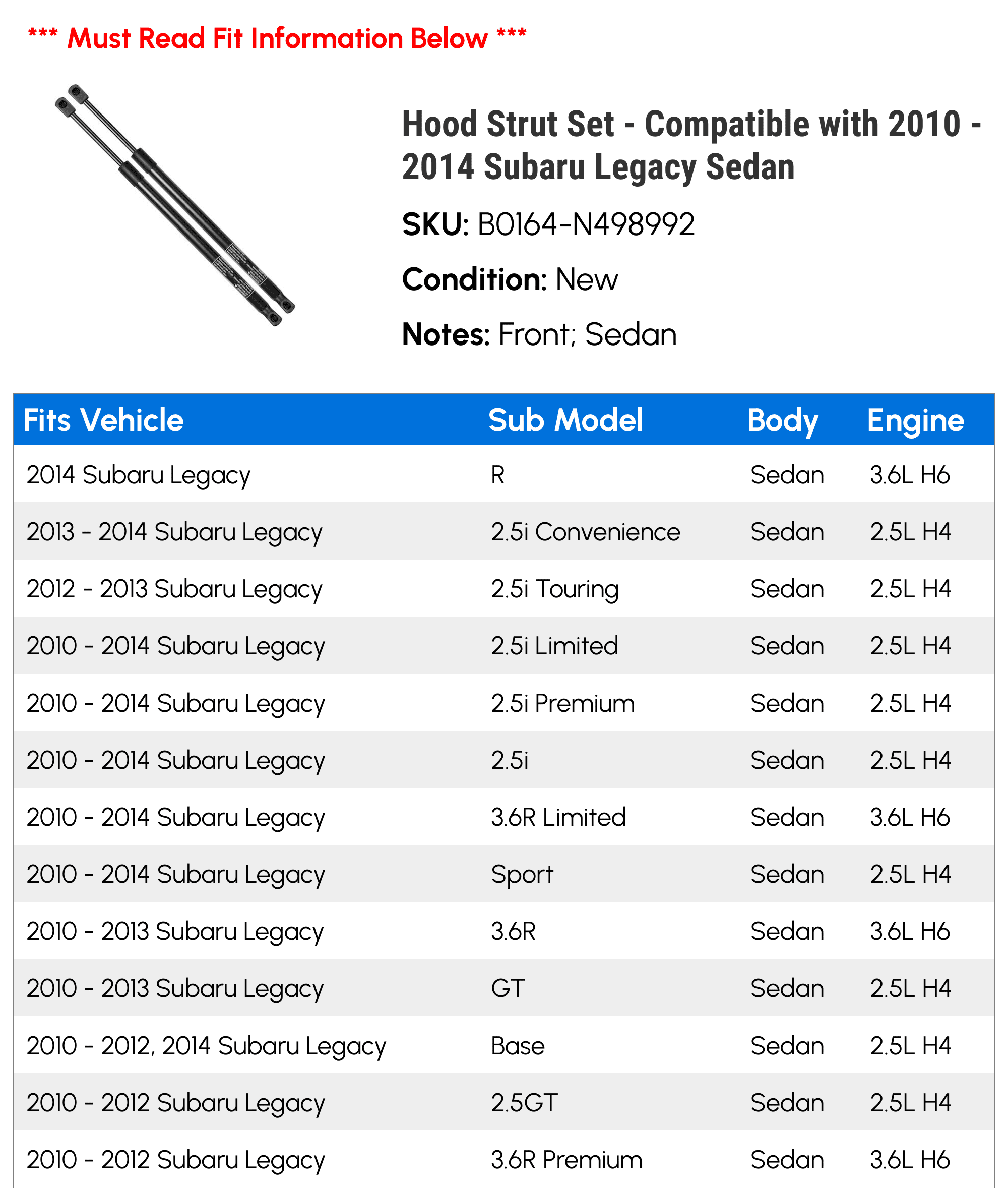 Hood Strut Set - Compatible with 2010 - 2014 Subaru Legacy Sedan - Autopart Premium