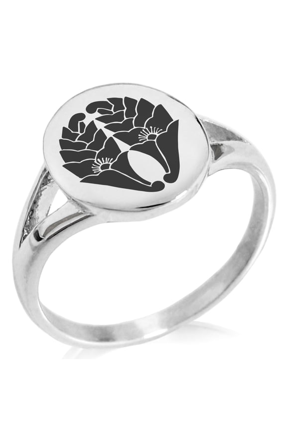 Stainless Steel Nabeshima Samurai Crest Minimalist Oval Top Polished Statement Signet Ring