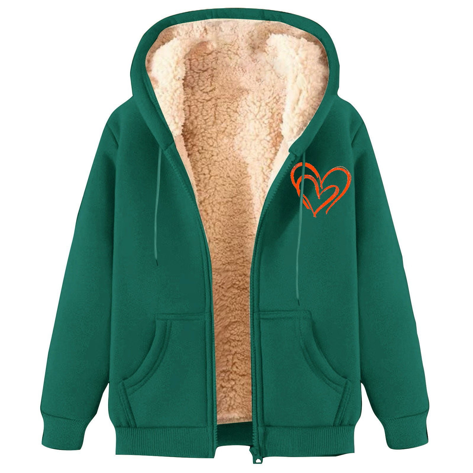 Xdegoge Heavy Fleece Jacket Women Sherpa Lined Fuzzy Casual Oversized Heart Graphic Hoodies Warm Long Sleeve Hooded Full Zip Jackets Cold Weather Cozy Thermal Winter Fashion Clothes with Pockets