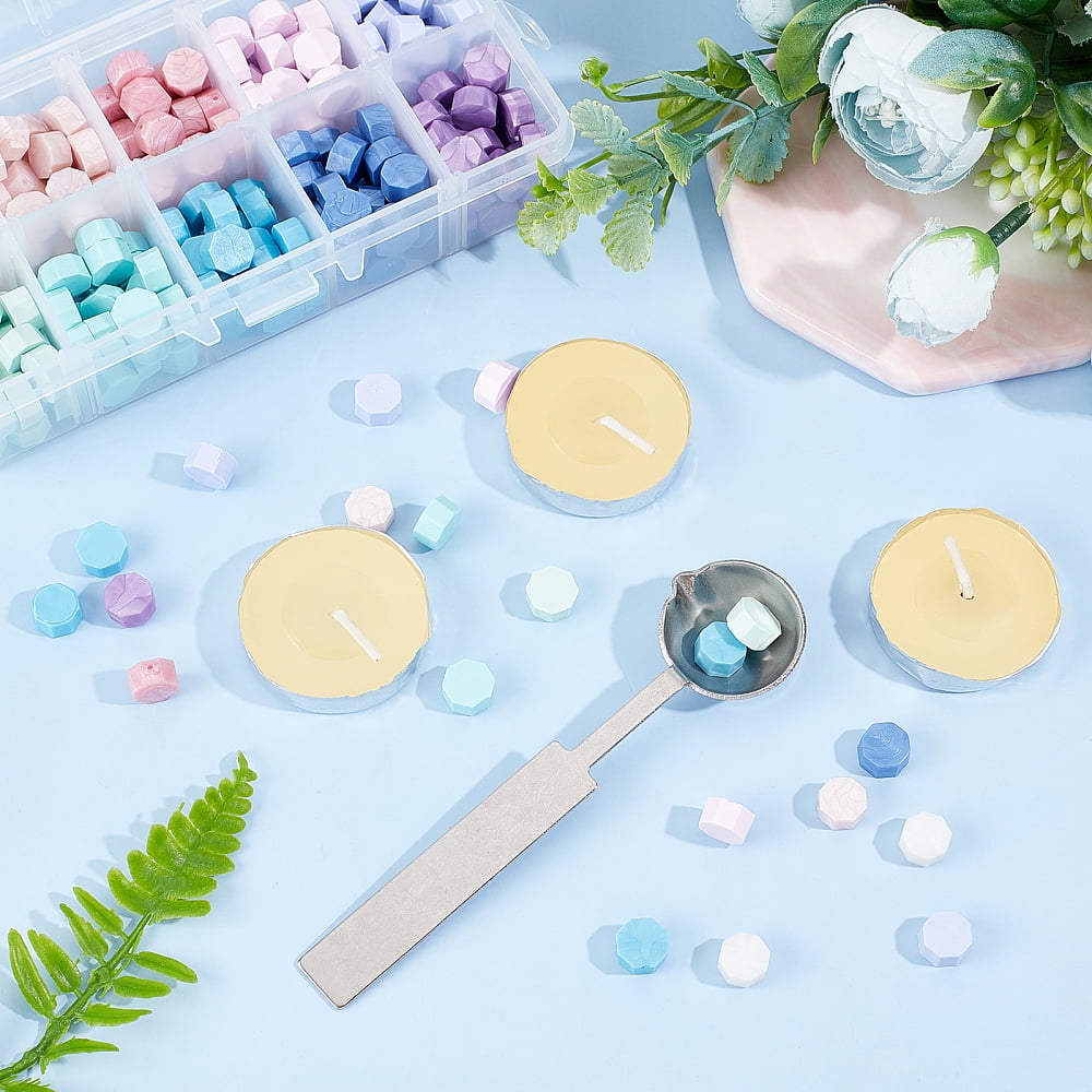 1 set DIY Scrapbook Making Kits Including Sealing Wax Particles Porcelain Cup Coasters Stainless Steel Wax Sticks Melting Spoon Candle and Label Stickers Mixed color 9mm 10 colors 30pcs/color 300pcs