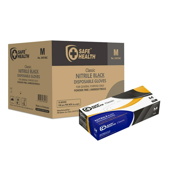SAFEHEALTH Nitrile Black Disposable Gloves, Free of Latex-Powder, Finger Textured, 3.5 Mil, Food Safe-Tattoo-Salon-Mechanic-Auto-Daily Use, Case of 1000, Size M