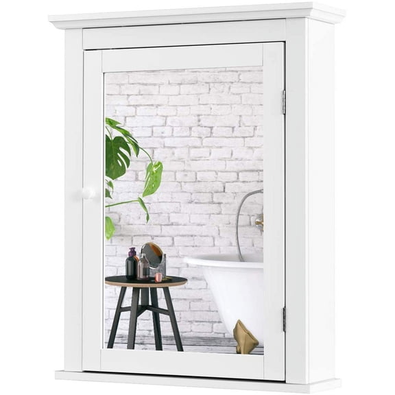 Bathroom Cabinet with Mirror, Mirrored Wall-Mounted Storage Medicine Cabinet w/Single Door & Adjustable Shelf in 5 Positions, Multipurpose Wall Cabinet for Bathroom (White)