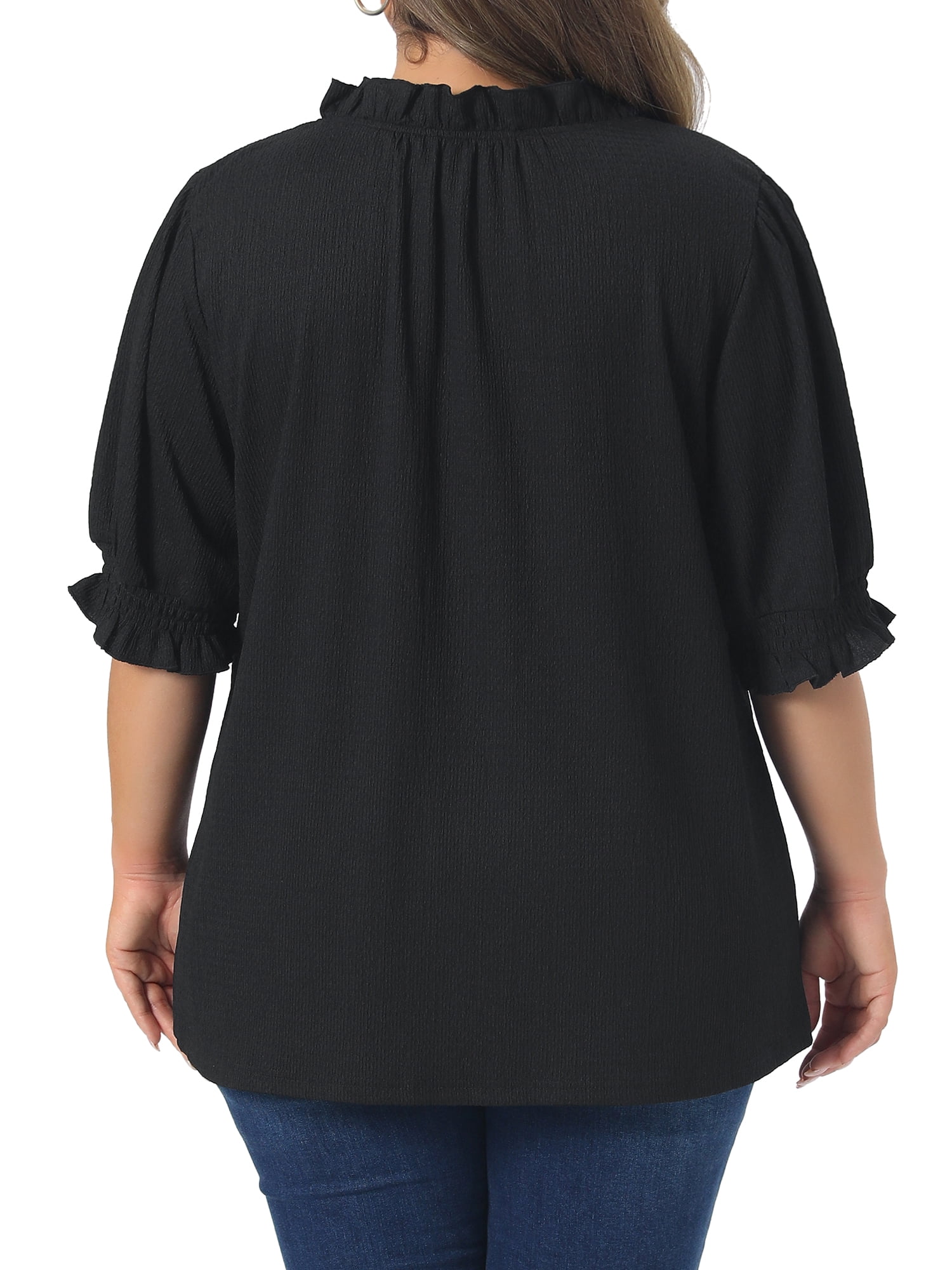 DARING DIVA Women's Plus Ruffled Trim V Neck Puff Sleeve Top 1X Black