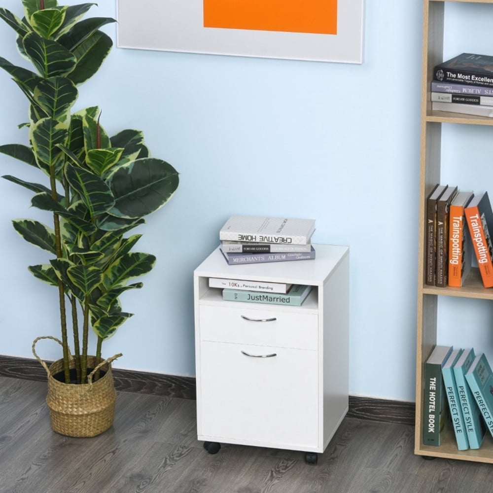 Mobile File Cabinets, 2 Drawers Office Storage Cabinet with Open Shelf, Under Desk Drawers Cabinet Pedestal Filing Cabinet, Printer Stand with Rolling Wheels and Open Storage Shelf for Home Office