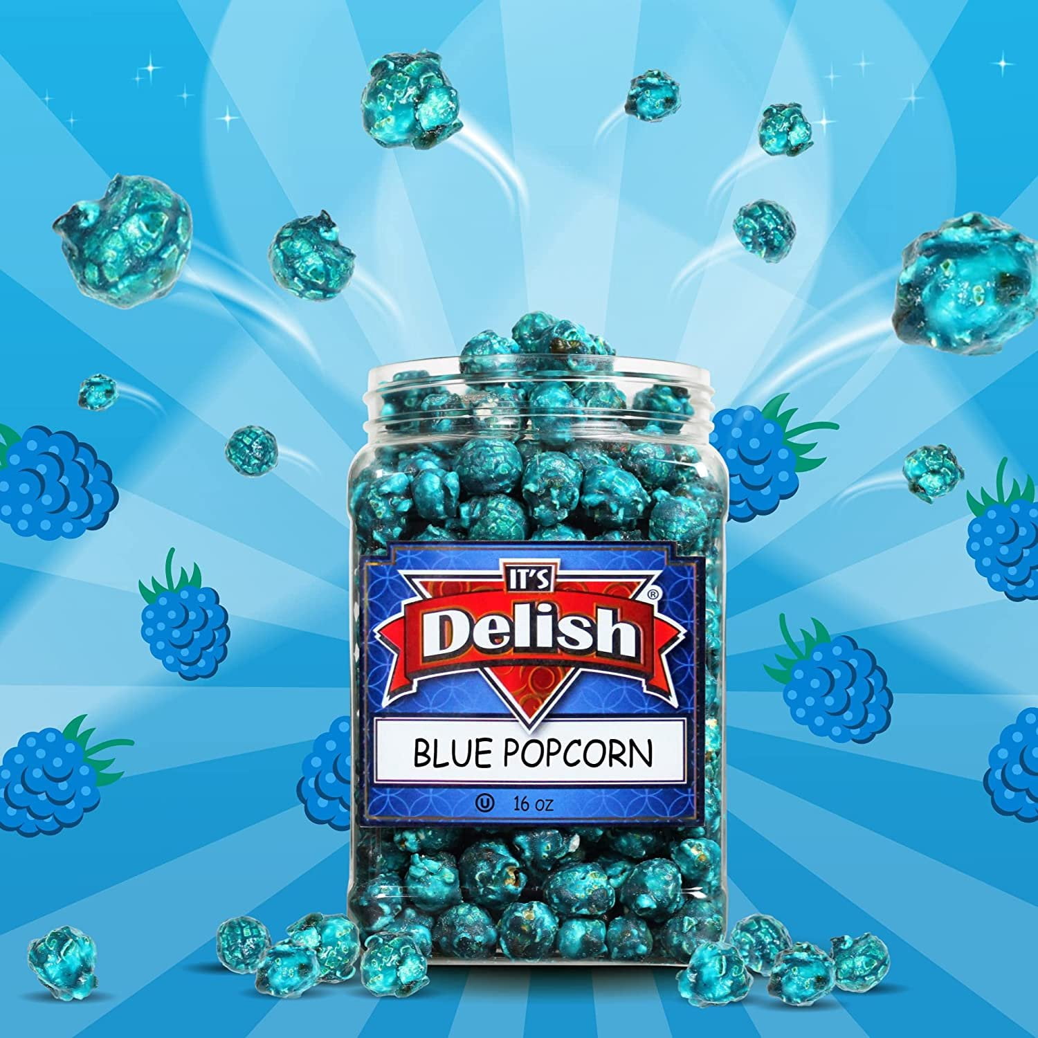 Gourmet Blue Raspberry Flavored Popcorn by It's Delish  16 Oz Jumbo-Sized Container  Bulk Air Popped Pop Corn Snack - Fruity Blue Themed Candy Confetti  Birthday Party, Events  Gluten Free,...