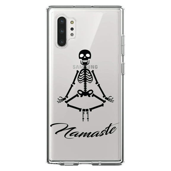 DistinctInk Clear Shockproof Hybrid Case for Galaxy Note 10 PLUS (6.8" Screen) - TPU Bumper, Acrylic Back, Tempered Glass Screen Protector - Namaste Yoga Skeleton