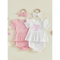thumbnail image 3 of Cenuakty Baby Girls Shorts Set, Short Sleeve Embroidery Bow Letters T-shirt with Shorts and Hairband Summer Outfit, 3 of 9