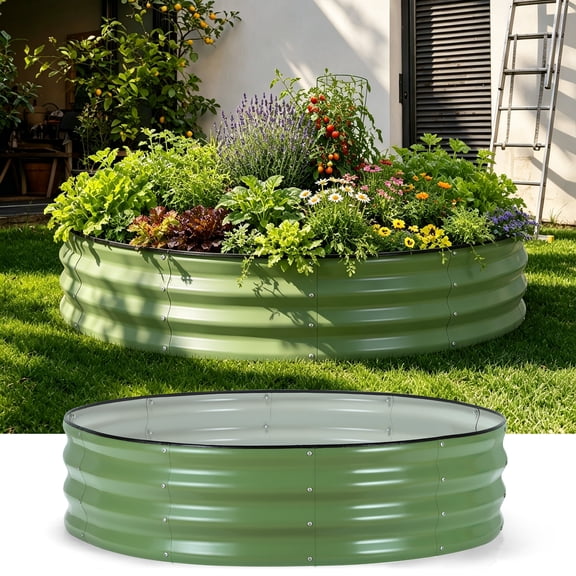 47.2in Round Green Metal Raised Garden Bed – 0.4mm Thick Galvanized Planter Box, Open Bottom for Vegetables Flowers Herbs Outdoor