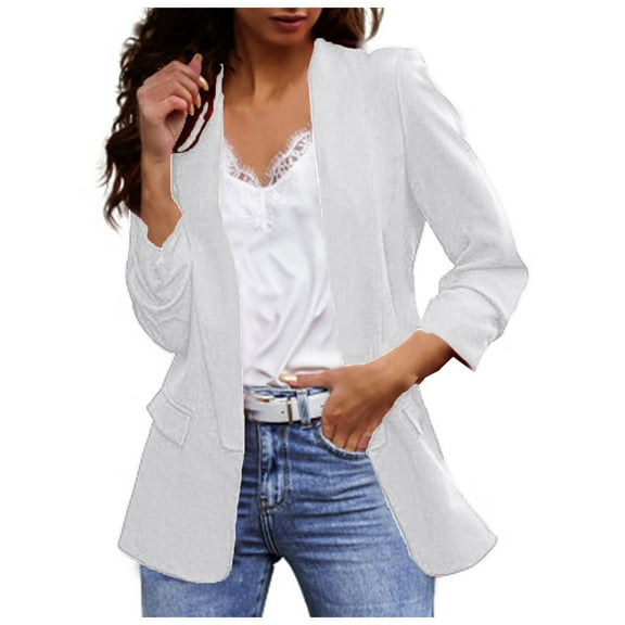 kamemir Women's Relaxed Scuba Knit Stretch Blazer with Scrunch Sleeves(White,L)