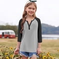 thumbnail image 3 of Cowsor Girl's Casual 3/4 Sleeve T Shirts Button V Neck Tunic Blouses Color Block Basic Tee Tops Loose Fit Summer Shirt, 3 of 6