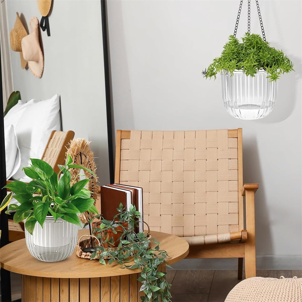 Clear Hanging Planter with Drainage Hole,Set of 3 Plastic Flower Pots,Double Layer Planter Design,Visible Hanging Baskets,for Flower, Succulent, Green Plant