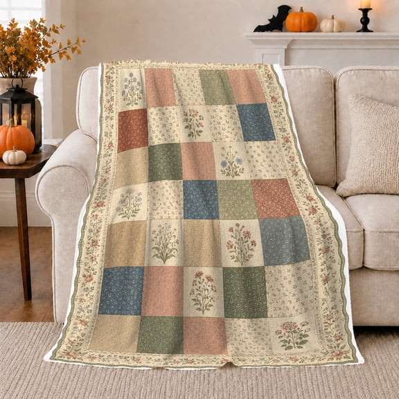 Soft Floral Blocks in Sage Blue and Rose, Serene Cottagecore Style for Flower Lovers, Vintage Garden Motif and Mother's Day Gift, Cozy Flannel Blanket for Bedroom and Reading Nook, Home Decor