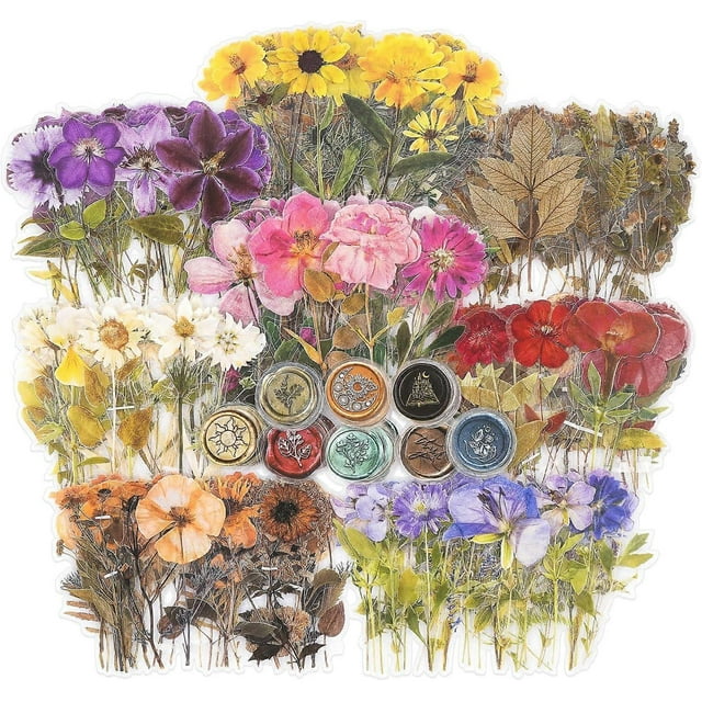 Pressed Flower Themed Stickers Set (320 Pieces) Dried Flowers Resin Stickers Decals Floral Botanical Journaling Stickers for Scrapbook Supplies Junk J