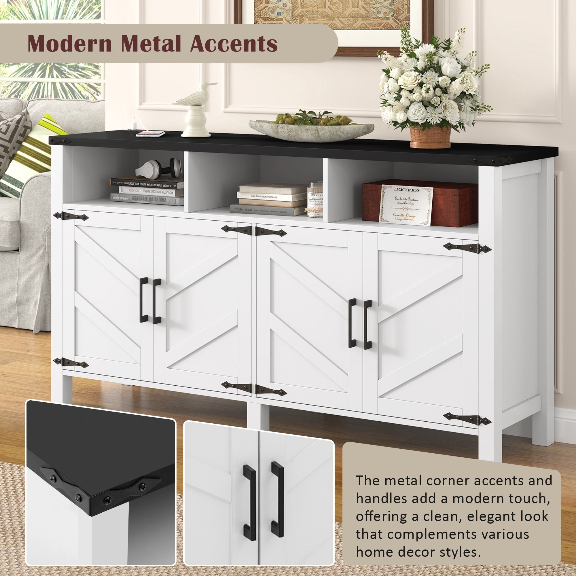 Euroco 59" Large Sideboard Buffet Cabinet with Storage, Wood Coffee Bar Station with Charging Station,Adjustable Shelves and Open Storage Shef for Living Room,Dining Room,White