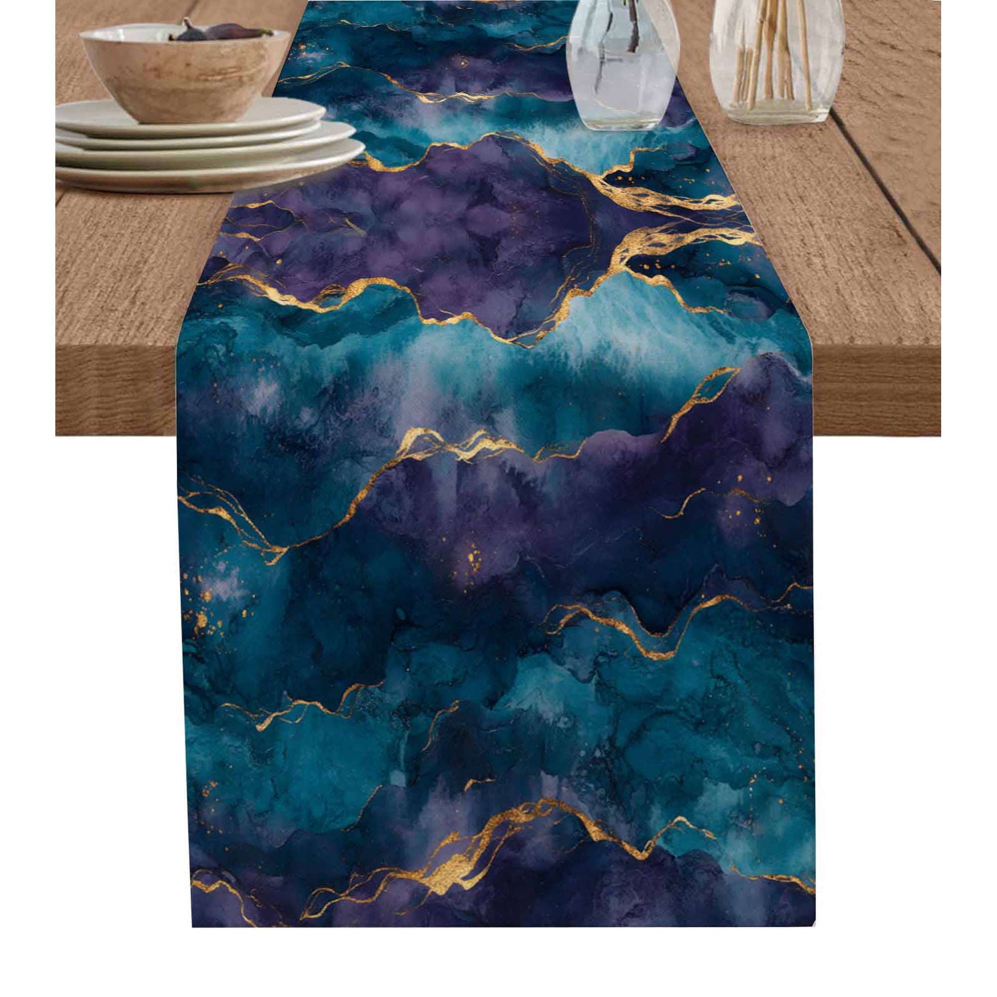 Boanket Blue Purple Marble Table Runner - 48 Inch Long Kitchen Dining Table Runner Dresser Scarves Modern Abstract Gradient Texture Farmhouse Decor for Coffee Tables Wedding Party Banquet