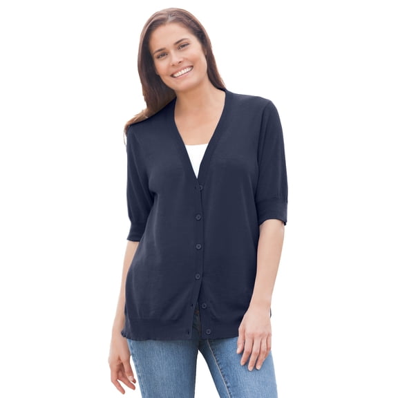Woman Within Plus Size Lightweight Short Sleeve V-Neck Cardigan Sweater