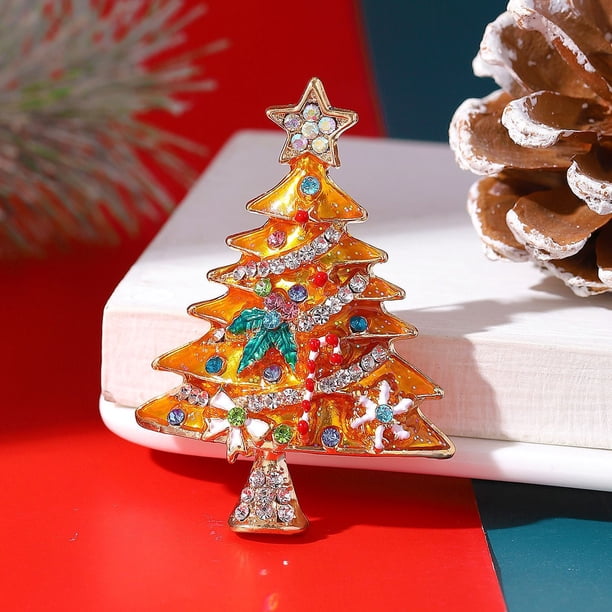 Broche navideño con forma de árbol de Navidad, con incrustaciones de diamantes y esmalte, ideal para abrigos, suéteres y accesorios de ropa.