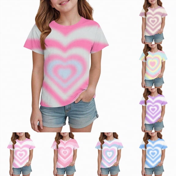 YDFCWXW Girls Tie Dye T Shirts Short Sleeve Love Heart Graphic Tees Shirts Summer Tshirts Basic Tops 3-14 Years (Pink, 1-2 Years)