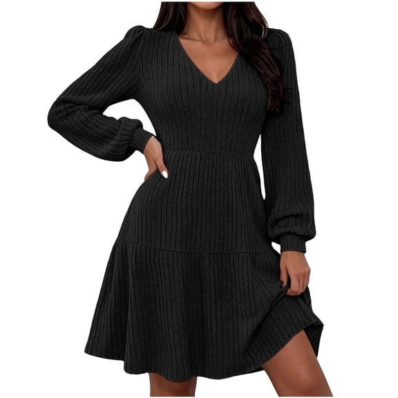 Lmueinov Women's Sweater Dress V-Neck Long Sleeve Ribbed Knit Mini Dress Flowy Tunic Short Dress Casual Fall Winter Swing Dress Daily Dating Outfits