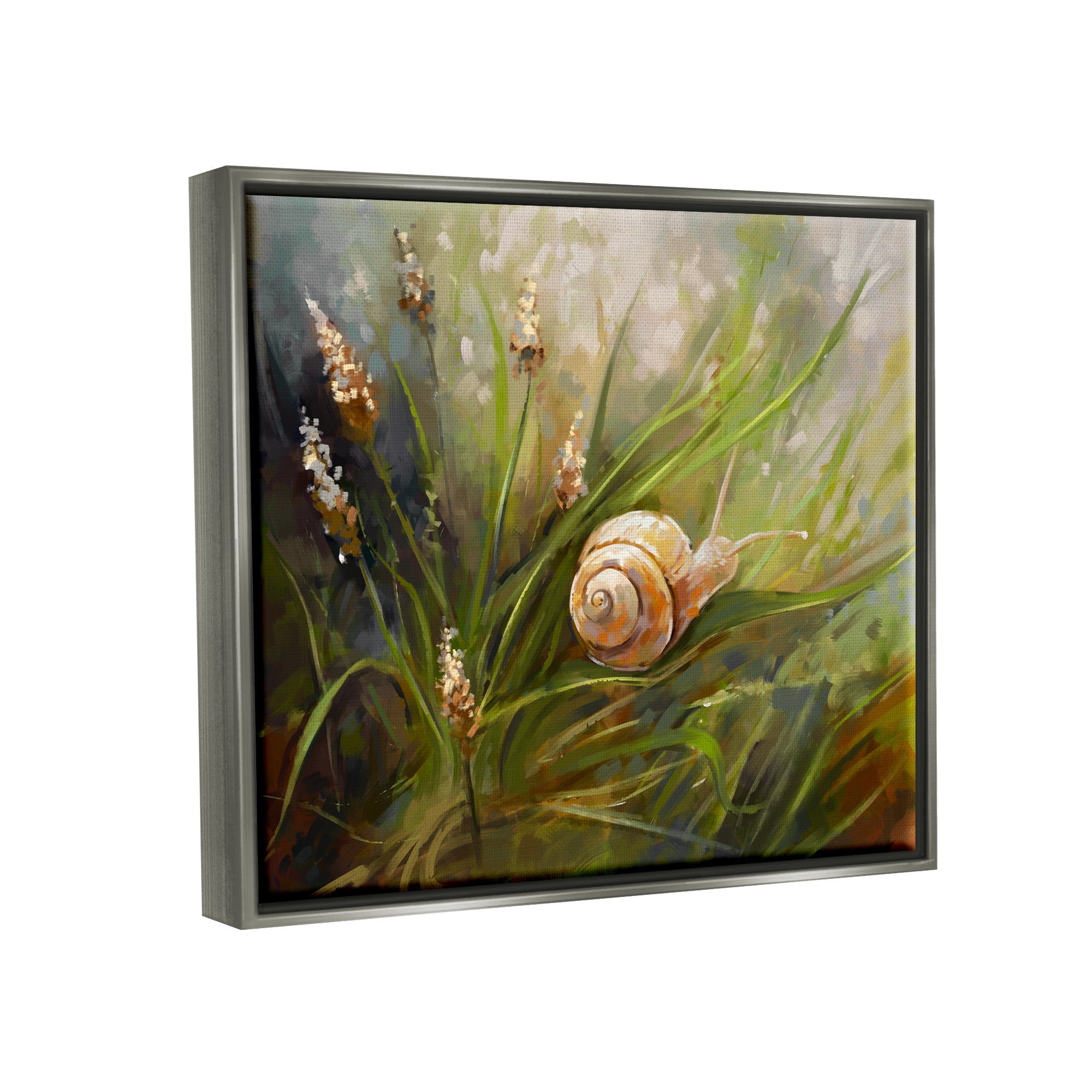 Stupell Industries Snail on Greenery Painting Animals & Insects Painting Gray Floater Framed Canvas Art Print Wall Art, 21 x 17