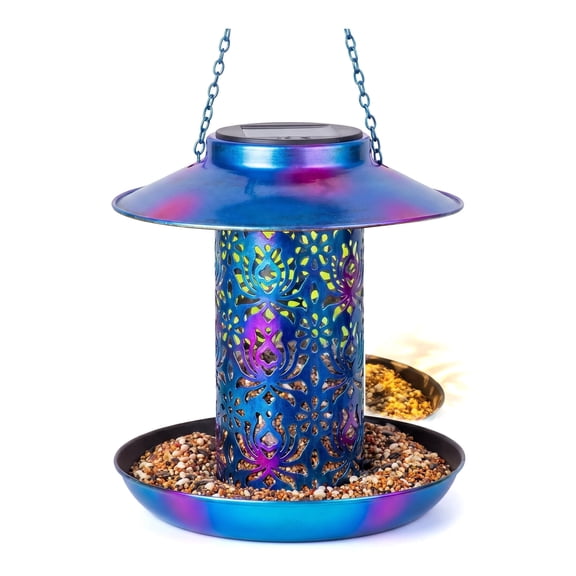 WZB Solar Bird Feeder, Metal Weatherproof Hanging with S Hook, Blue