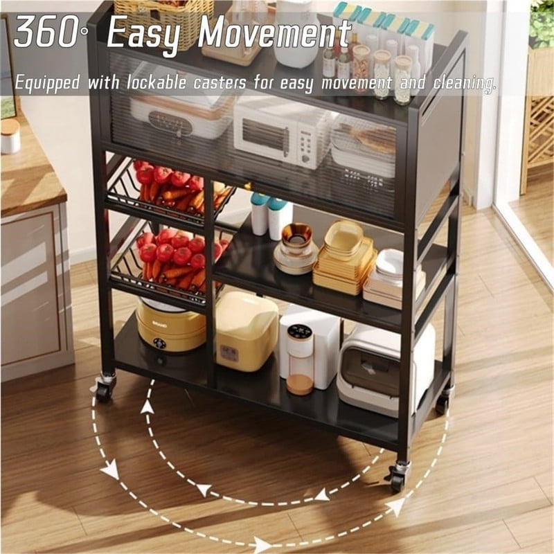 Kitchen Storage Rack with Acrylic Flip-Top Doors, Multifunctional Kitchen Storage Shelf with Baskets, Rolling Utility Serving Cart for Kitchen Garage