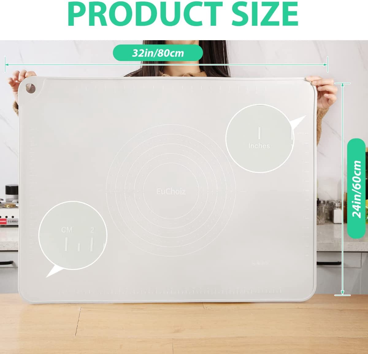 EuChoiz Silicone Pastry Mat 32" x 24" Non Stick Baking Mat Food Grade Silicone Rolling Dough Mat