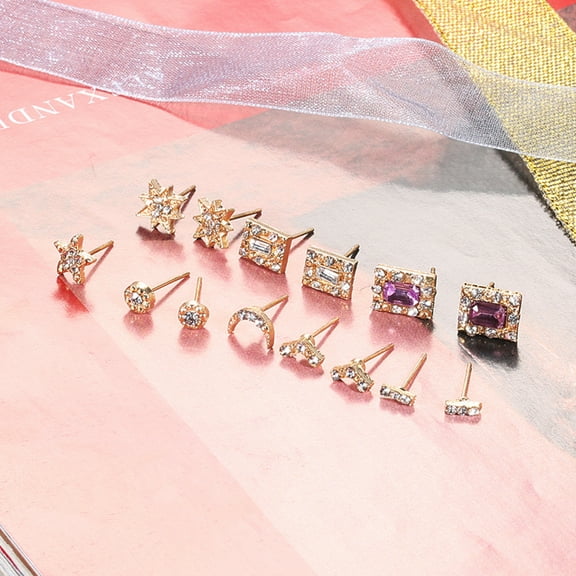 Ayyufe 7Pairs/Set Women Rhinestone Inlaid Sun Star Moon Stud Earrings