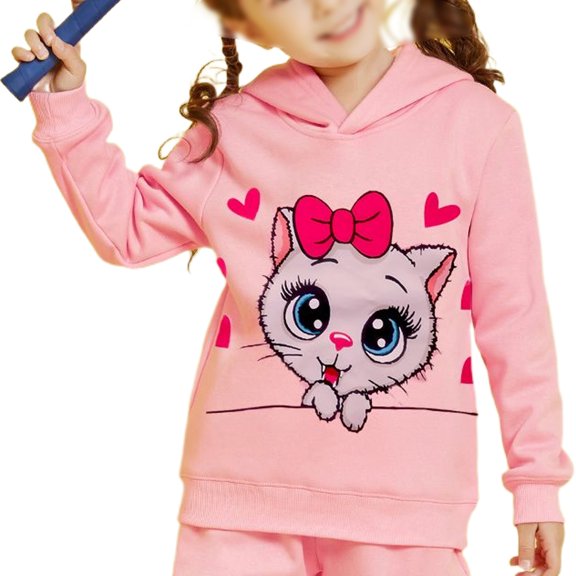 Toddler Girls Cat Hoodie Pullover Sweatshirt Casual Pink Crewneck Long Sleeve Clothes Toddler Hooded Tops (8210-2T)