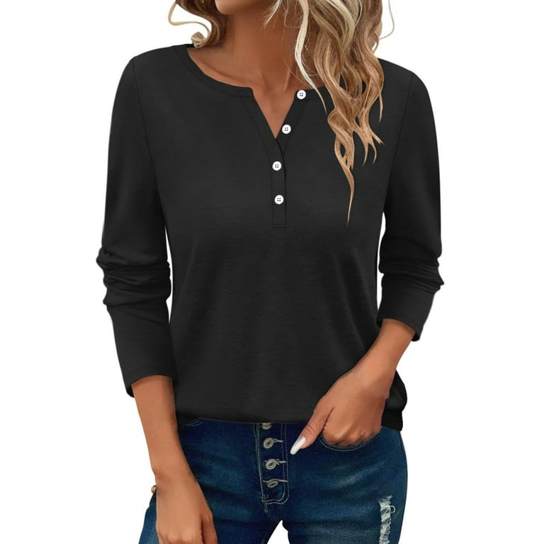 Black Women's Long Sleeve T-shirt, Women'S Button Long