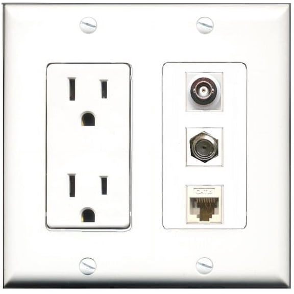 RiteAV - 15 Amp Power Outlet 1 Port Coax 1 Port BNC 1 Port Cat6 Ethernet Ethernet White Decorative Wall Plate