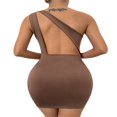 thumbnail image 5 of Women One Shoulder Dress Solid Color Hollow Out Ruched Slit Bodycon Mini Short Skirt Beach Date Wear, 5 of 5