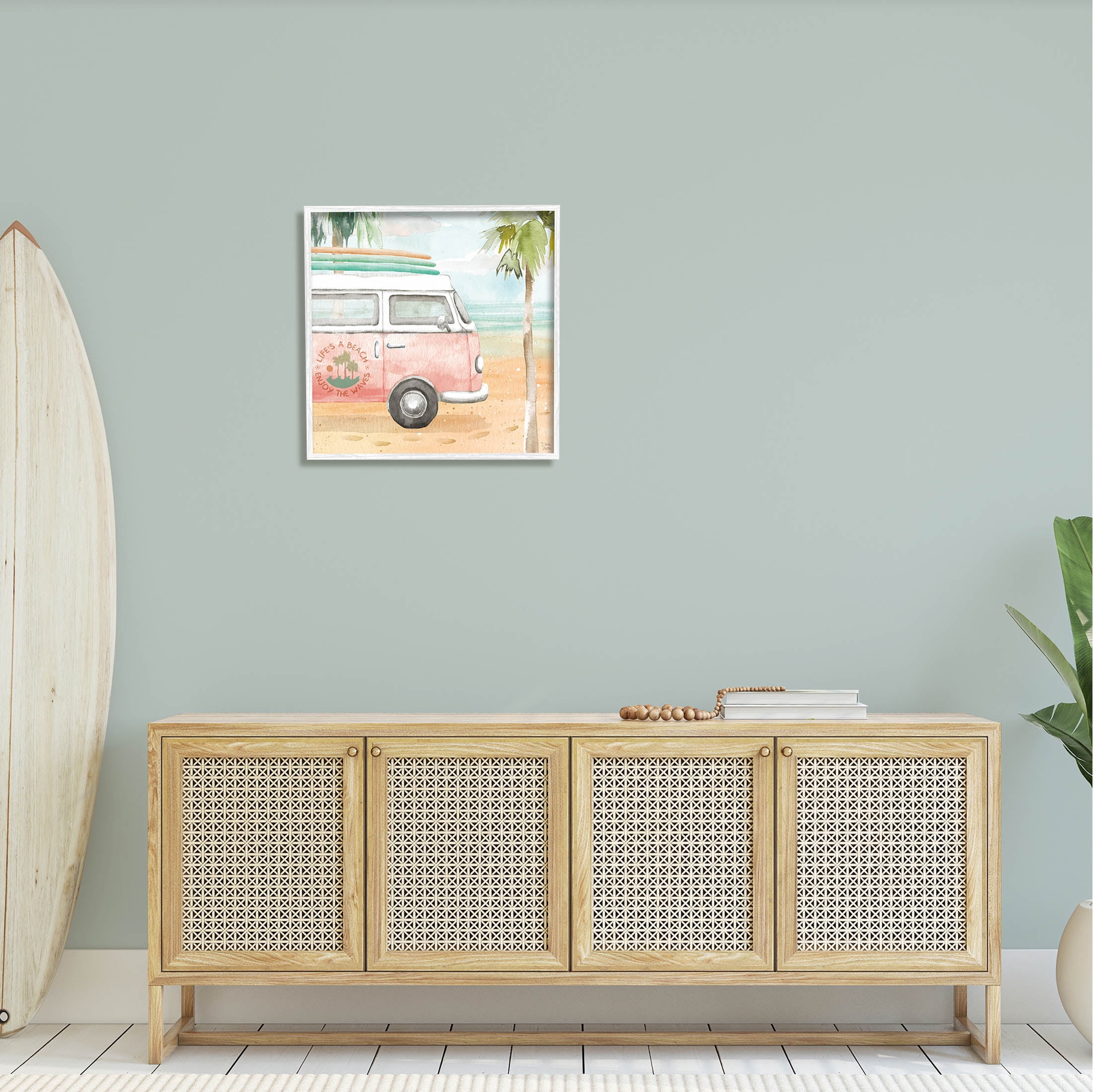 Stupell Industries Life's a Beach Pink Surf Van Painting White Framed Art Print Wall Art, Design by Dina June