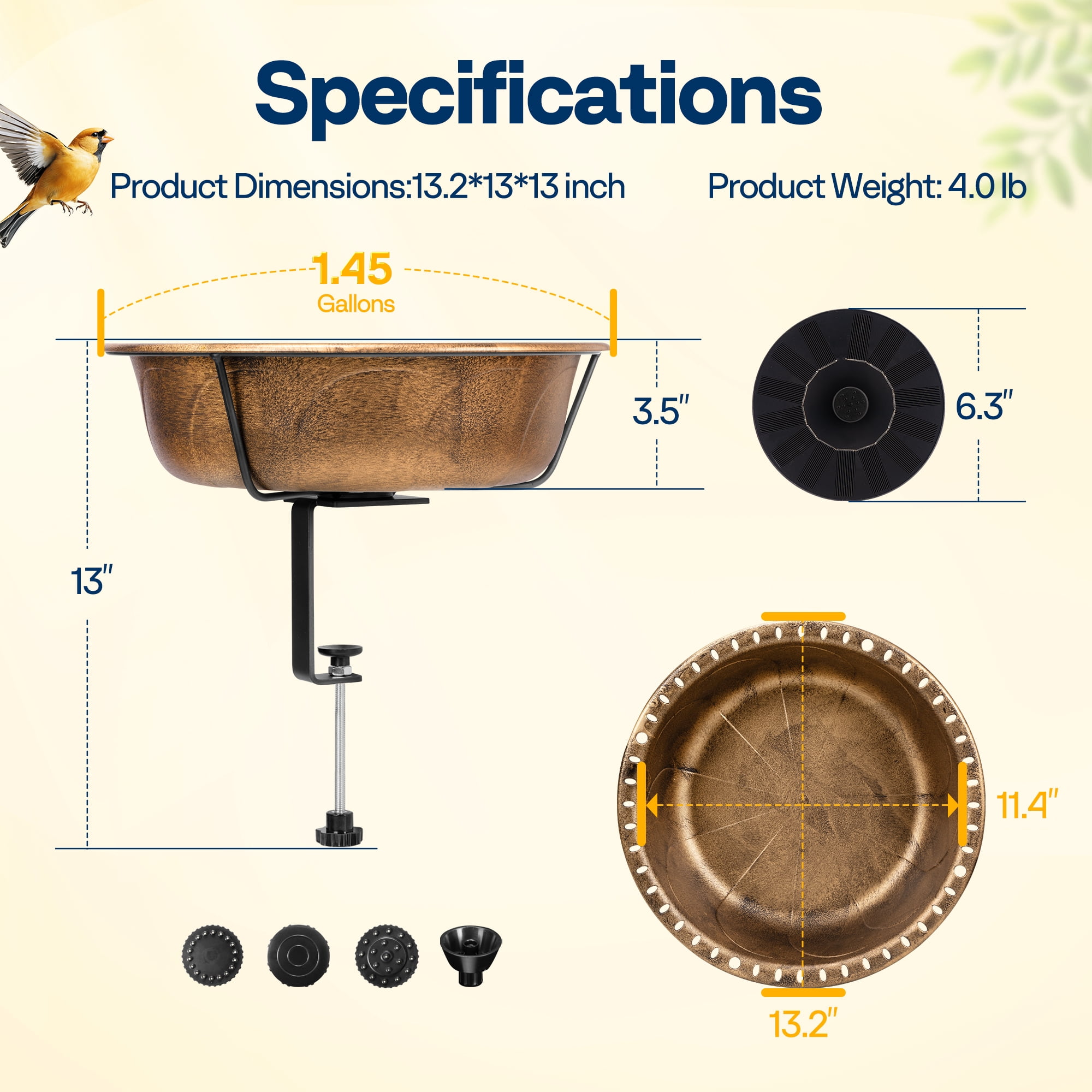 SPECSTAR Deck Mounted Bird Bath with Solar Fountain, Outdoor ABS Birdbath Bowl with Adjustable Metal Clamp, Solar Powered Pump for Railing, Fence, Balcony, 1.45 Gallons, Copper
