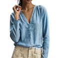 thumbnail image 3 of Women Solid Color V Neck Cotton Linen Blouse,Roll Up Long Sleeve Loose Bohemian Casual Shirt,Lightweight Breathable Basic Top for Daily Leisure,Travel Spring Summer 2026 Outfits Blue L, 3 of 6