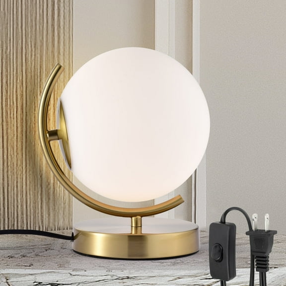 Modern Gold Table Lamp with 7.1" Glass Globe Shade, Plug-in Mid Century Desk Lamp with Inline Switch for Bedroom, Living Room or Office