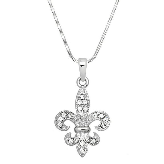 Fleur De Lis Pendant Necklace or Earring Rhinestone Crystal Rhodium Plated 17 Inch Snake Chain J0464