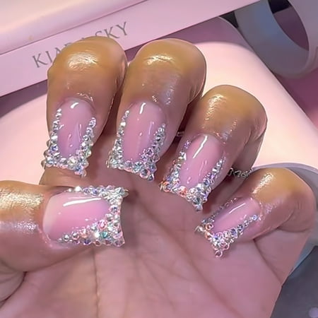 KUFptva 24x Rhinestones False Nails Square Artificial Nails French Tip Full Covers Stick On Nails Glossy Press On Nails for Woman