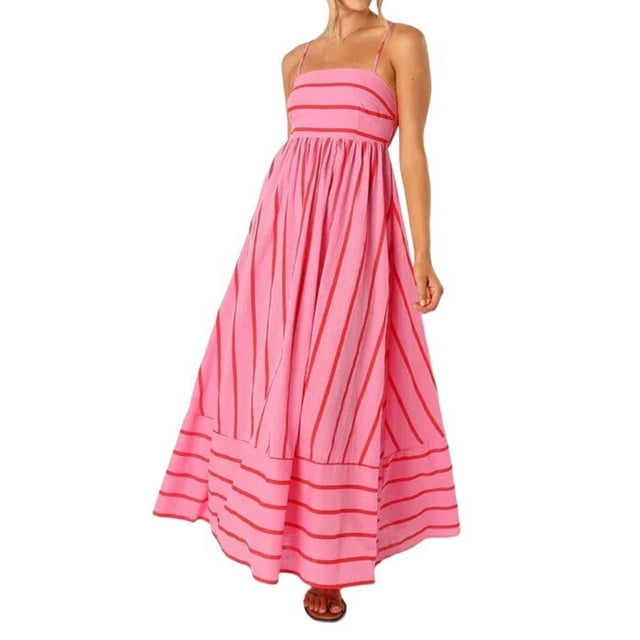Robe Maxi à Rayures pour Femme, Dos Smocké, Bretelles Spaghetti, Découpes, Fluide, Évasée, Longue, Rouge Melon D\'eau, L