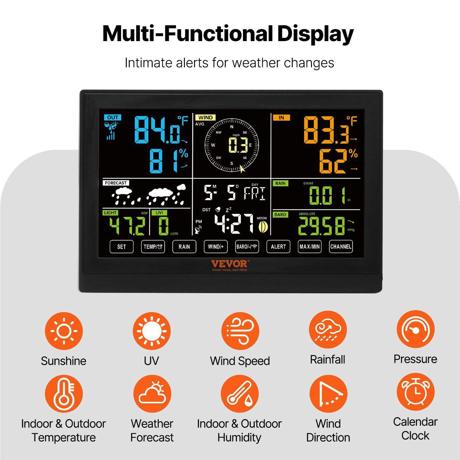 7-in-1 Wireless Weather Station with 7.5 inch Color Display Indoor Outdoor Digital Monitor for Temperature Humidity Wind Speed Direction Rain UV Forecast Alarm Alerts No WiFi
