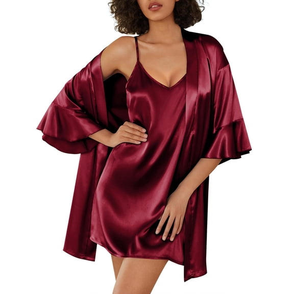 Ekouaer Womens Silk Robe Set 2-Piece Satin Bathrobe V-neck Bridal Party Robe