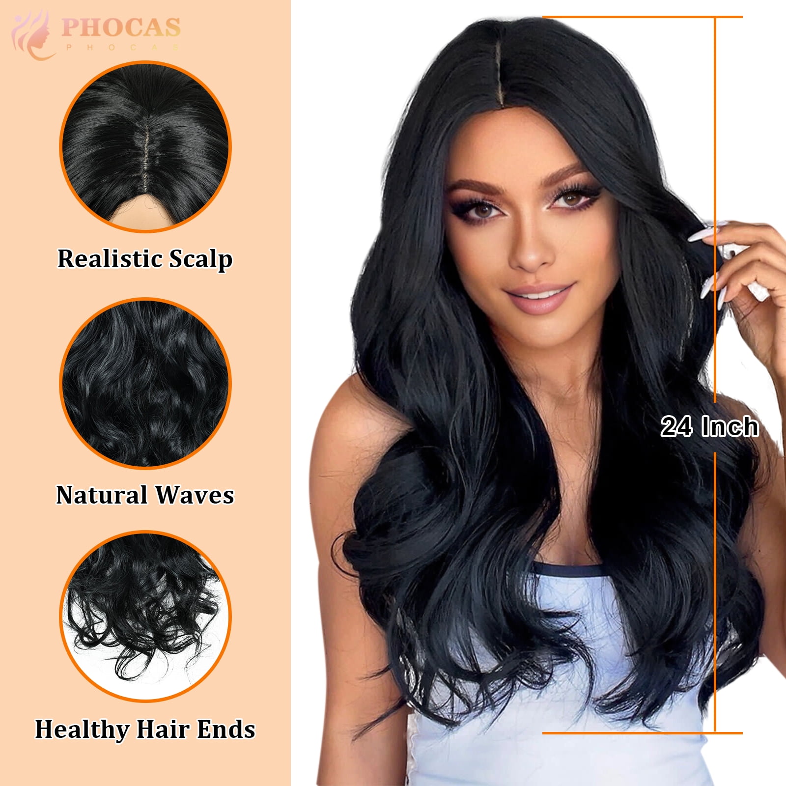 Phocas 24" Long Deep Wave Wig No Bangs Black - Glueless Synthetic Wavy Wig for Women with Natural Hairline - Heat Resistant Daily Wear