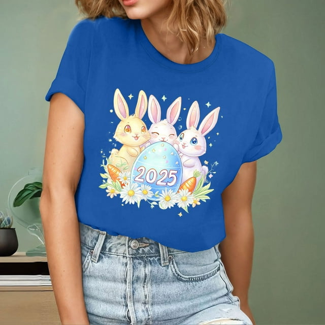 Ounisa T-Shirts à Manches Courtes pour Femmes Col Rond Imprimé Lapin de Pâques Tissu Doux Coupe Ample Printemps Été 2026 Mode Décontractée Quotidienne Confortable Tendance Basique Hauts P-2TG